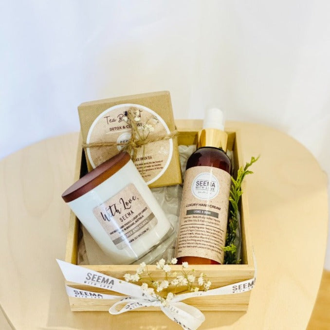 Luxury Toddy Box With Detox and Cleanse Tea Bouquet, Lychee and Guava Candle, Lychee and Guava Hand Cream